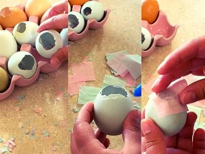 tissue paper being glued to cover hole  for confetti eggs