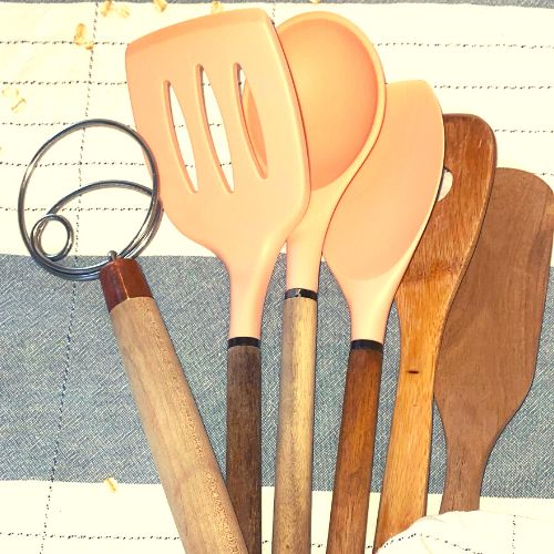 essential tools wooden spoons, silicon spatulas and dough hook