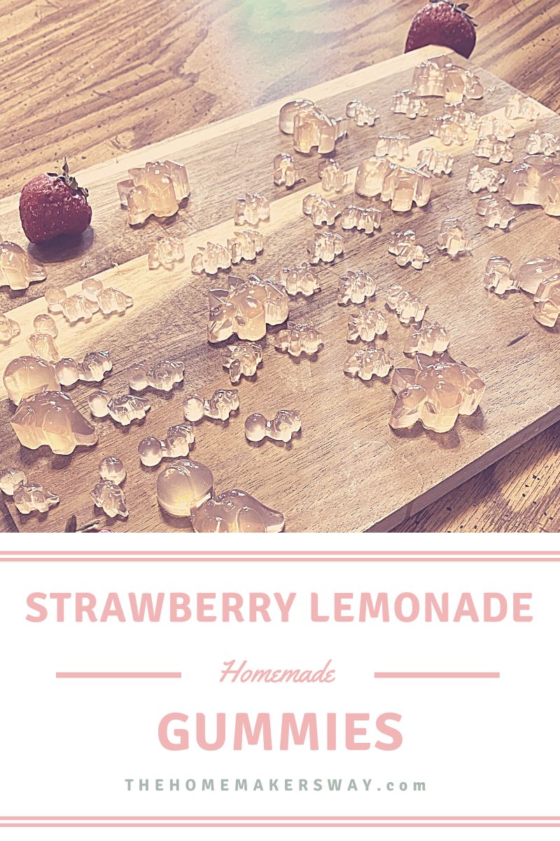 strawberry lemonade gummies on a cutting board graphic