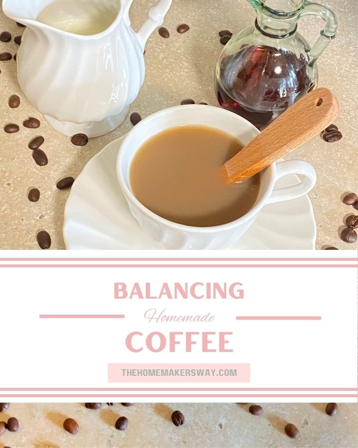 Balancing coffee blog graphic, coffee in a white coffee cup with wooden stirring spoon.